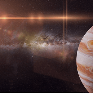 Darstellung des Planeten Jupiter im Weltraum mit Blick auf die Milchstraße – symbolisiert astrologisches Wachstum, Fülle und persönliche Expansion im Jupiter-Jahr 2025.