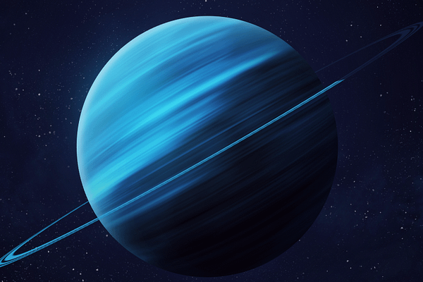 Darstellung des Planeten Uranus im Weltraum – kraftvoll, elektrisch-blau und frei schwebend. Symbol für astrologische Veränderung, persönliche Erneuerung und Befreiung vom alten System.