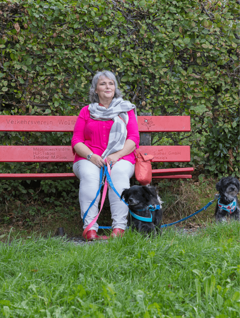 In der Stille liegt die Klarheit – mit meinen Hunden im Wald BusinessMedium sitzt mit ihren Hunden auf einem roten Bänklein im Wald und blickt vorausschauend in die Zukunft.